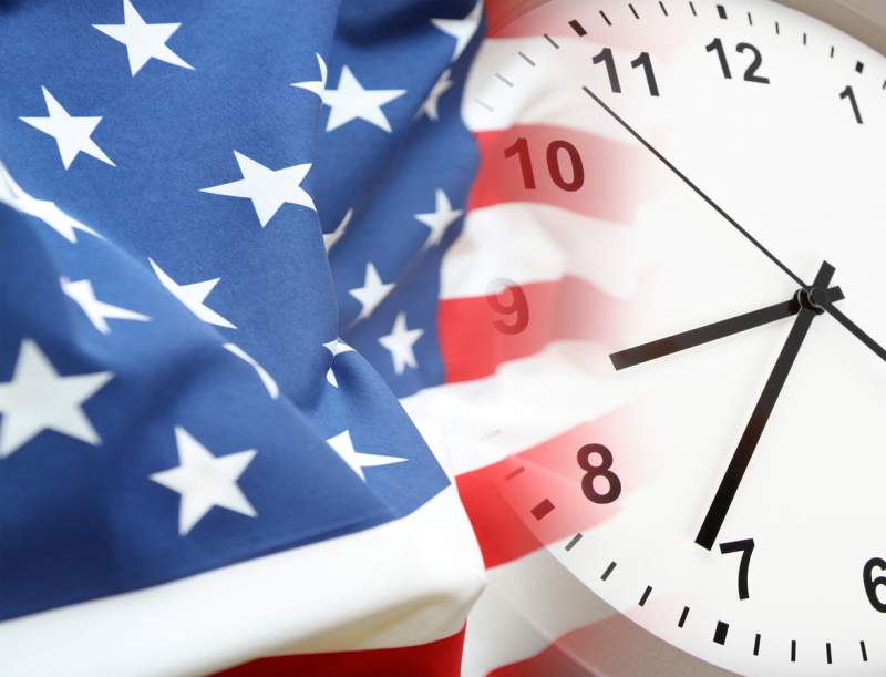 American flag fading into an analog clock with a white face and black numbers and hands.