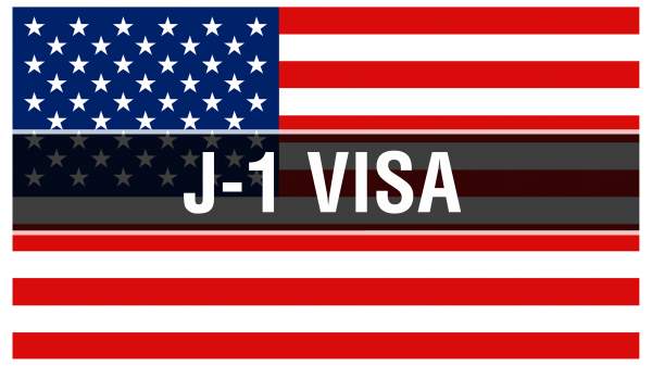 words j-1 visa over american flag background