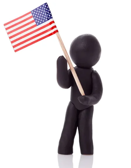 Stick figure silhouette holding up an American flag